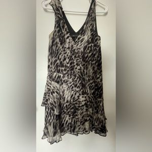 BCBG Max Azria 100% Silk Black Leopard Print Cocktail Party Ruffle Dress Sheath